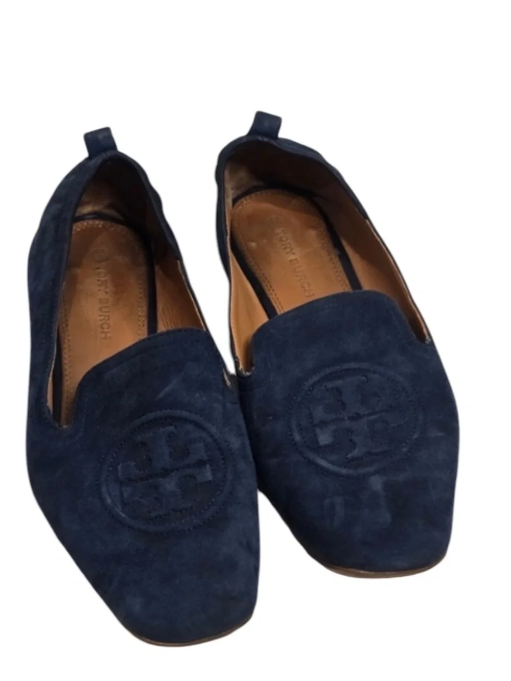 Tory Burch Navy Leigh Suede Loafer Logo Medallion Slip on Women's Size 8.5
